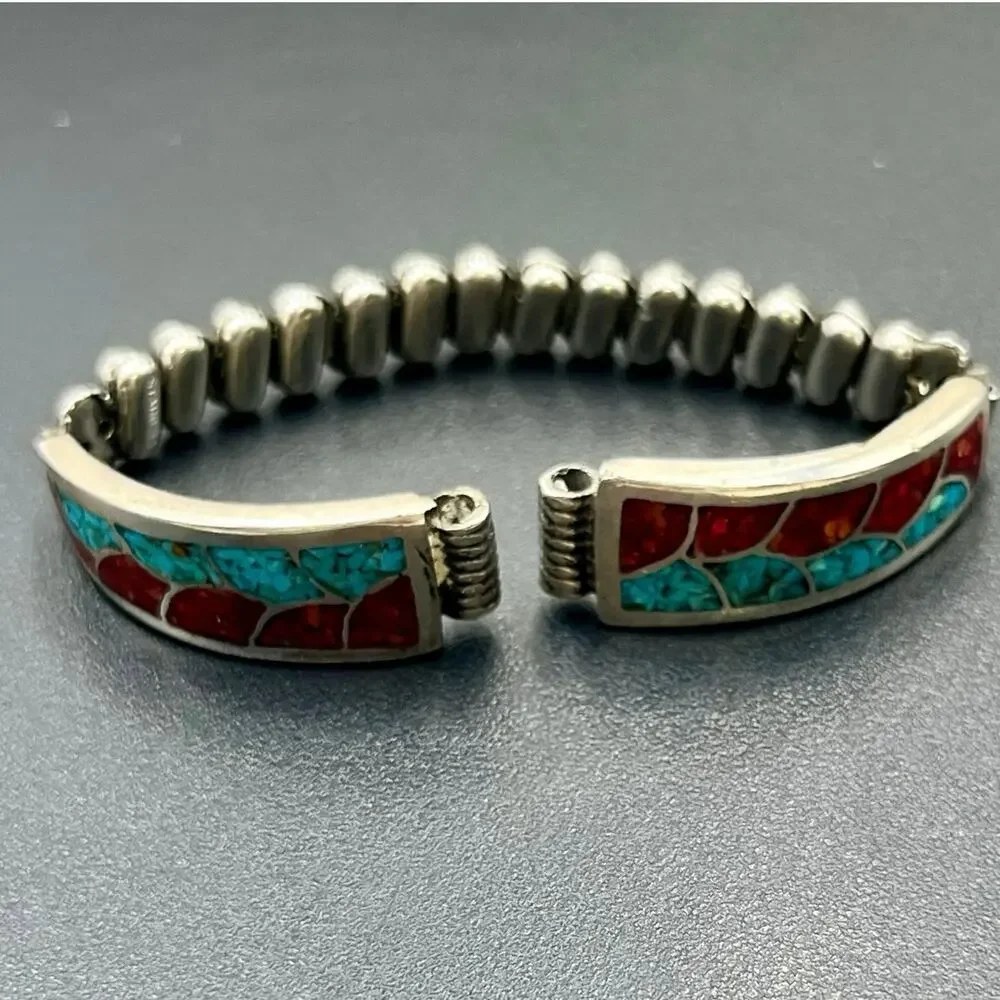 Vintage Native‎ American Sterling Turquoise Coral Expandable Watch Band Bracelet